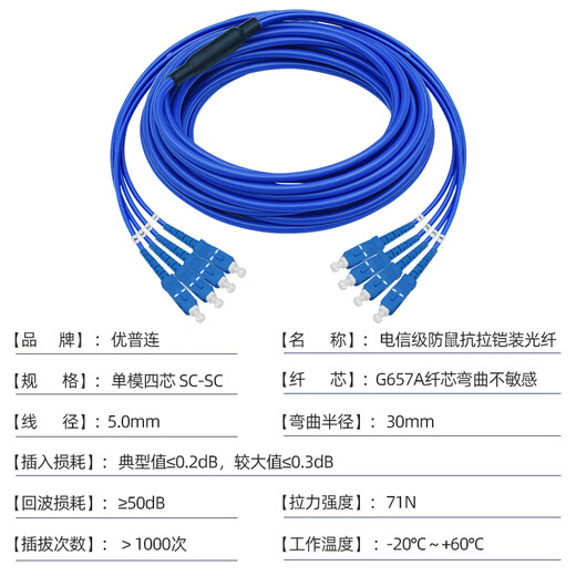 优普连 铠装光纤跳线单模四芯六芯八芯LC转LC/ST/SC/FC 防鼠抗拉室外光缆软铠带钢丝圈尾纤 铠装单模四芯SC-SC 20米