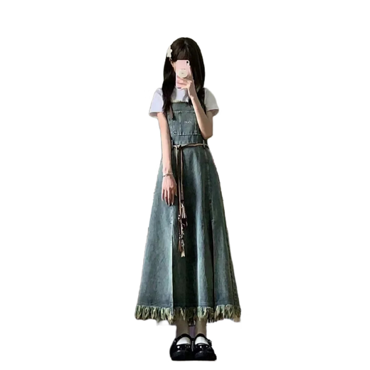 Yituya dress summer Korean style dress fur-edged denim strap skirt 2024 new design niche slit mid-length skirt strap skirt + top One size (remarkable number)