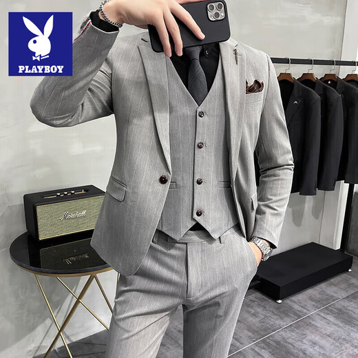 Playboy striped suit men's three-piece slim fit business casual plus size handsome suit male groom wedding dress dark gray suit XL (suit + vest + trousers)