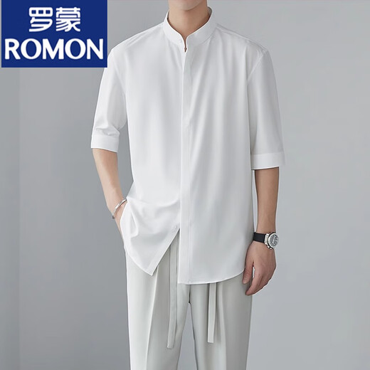 罗蒙（ROMON）新中式立领衬衫男士春夏新款衬衣感冰丝垂感中袖五分袖薄款 C190白色1(单件装) L