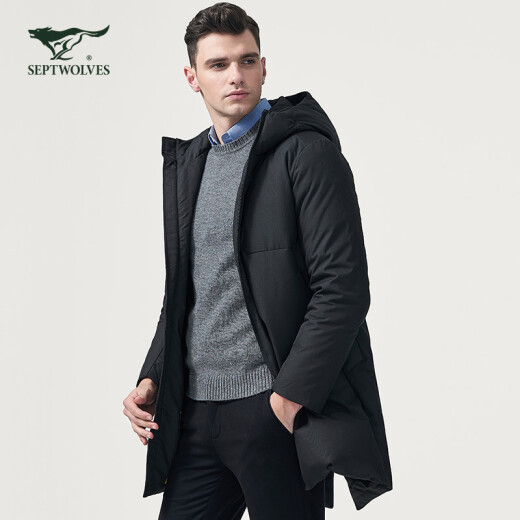 Septwolves Down Jacket Winter Young Men's Fashion Casual Warm Hooded Long Thick Down Jacket 001 (Black) 185/100A/XXXL