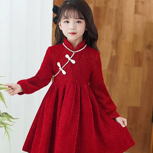 Disney (Disney) Spring Festival New Year Wear 26 New Autumn and Winter Girls Cheongsam Red Dress Velvet New Year Christmas Gift New Skirt Red Velvet Dress (without bag) 120