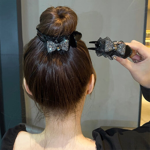 Zhuo Keke Rhinestone Bow Ball Head Clip High-end Ponytail Hair Clip for Girls Back of Head 2025 New Top Clip Hair Accessories Black Rhinestone Bow Ball Head Clip