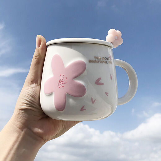 幻视早餐杯带盖带勺 网红樱花陶瓷马克杯带盖带勺女学生高颜值SN9896 蓝色樱花【白色杯】 杯+盖+不锈钢小勺