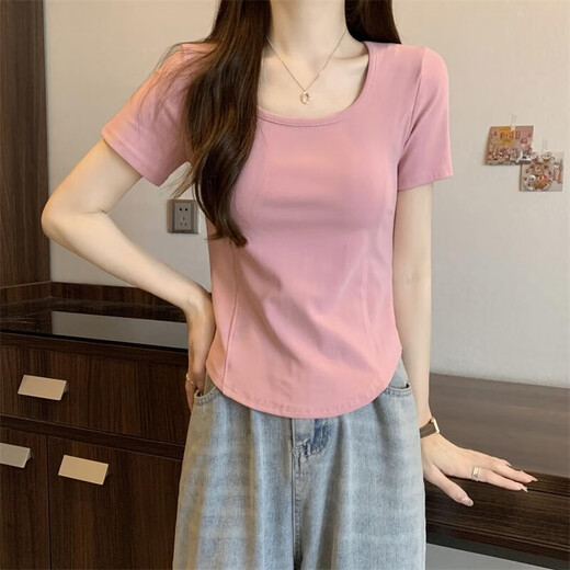 妃丽慕尚2025夏季新款正肩方领短袖t恤女不规则鱼骨显瘦小个子遮肚上衣潮 829白色 XL 建议120-140斤】