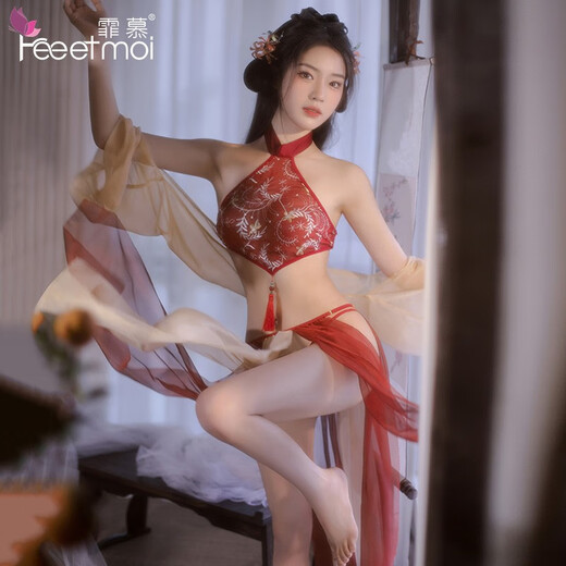 Feimu Gu style Hanfu sex underwear women pure desire dating battle robe sexy pajama uniform set passion bed clothes Xiaoqian [belly band + sleeved silk + piece gauze skirt + T-trousers]