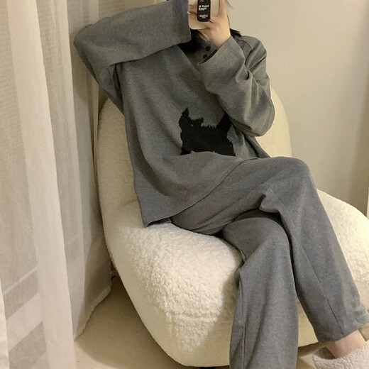 Ershanji Home Pajamas Round Neck Long Sleeve Pajamas Four Seasons New Outerwear Set Home Clothes Couple Pajamas Gray No. 2 One Size 80-125 Jin Jin equals 0.5 kg