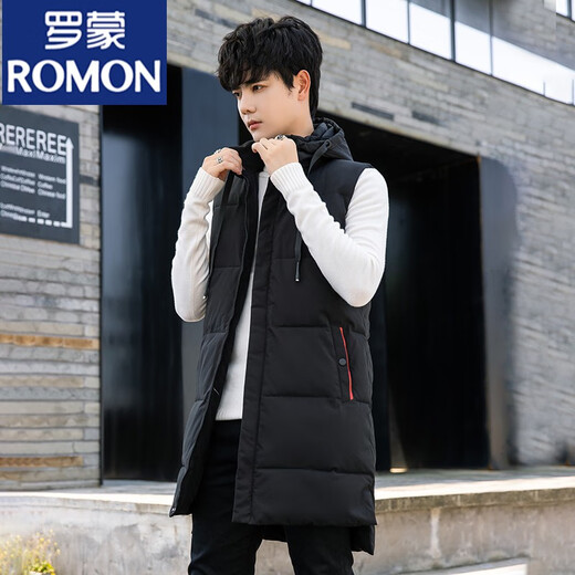 ROMON down cotton vest men's winter mid-length outer wear thickened vest youth thermal vest large size jacket black 815 print 4XL 155-175Jin Jin equals 0.5 kg