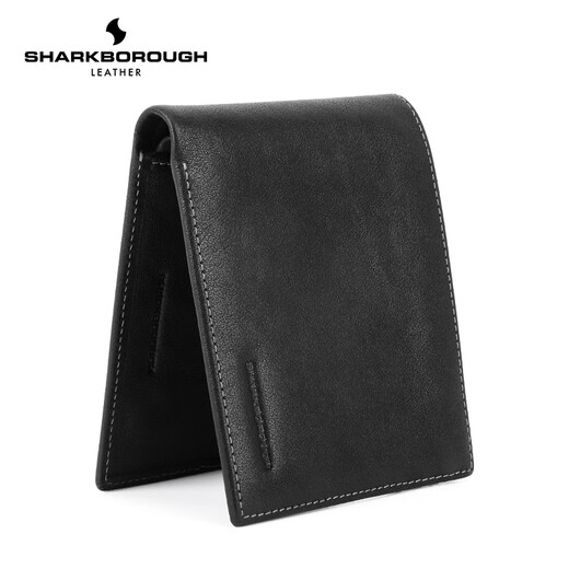 Sharkborough Top-Layer Cowide Herren echtes Leder Kurzer Brieftaschenlizenz Multifunktion Anti-Demagnetisierungs-Brieftaschen-Kartentasche Geschenkbox Geschenk Schwarz Schwarz