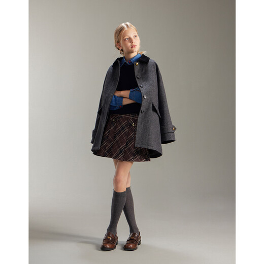 ELLE KIDS children's clothing old money style herringbone wool coat for girls autumn and winter quilted mid-length warm thick coat black 165 (M)