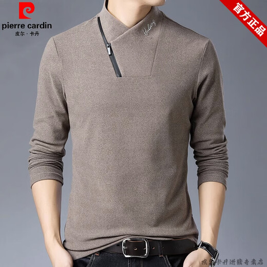 Pierre Cardin brand pure cotton long-sleeved sweatshirt men's half turtleneck T-shirt double-sided velvet autumn and winter new solid color slim bottoming shirt trendy HL-19819 black 175/XL