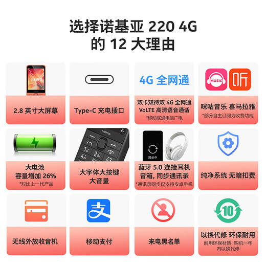 Nokia (NOKIA) 220 4G Mobile China Unicom Telecom Full Netcom 2.8-inch dual SIM card dual standby straight button mobile phone elderly mobile phone student mobile phone orange