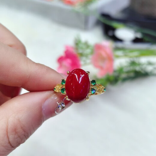 Sanskrit-made natural coral cabochon, simple and versatile ring, sterling silver inlaid with live mouth design, coral ring 99642