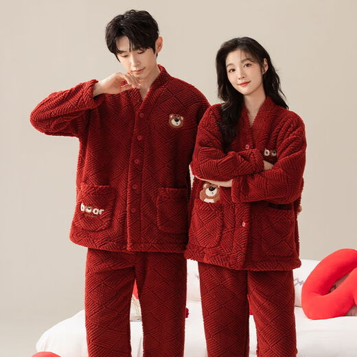 LangSha Couple Pajamas for Men and Women Winter Coral Velvet Big Red Newlywed Wedding Suit for the Year of the Zodiac Plus Velvet Home Clothes Heart to Heart Ms. M