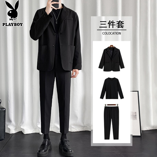 Playboy (PLAYBOY) no-iron suit men's autumn and winter Korean style trendy wedding dress small suit men's casual three-piece suit CGHHTX8TZ black three-piece suit XL