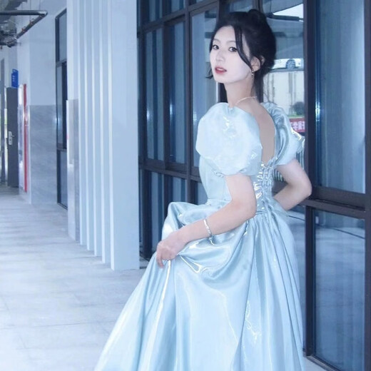 Li Baixin Blue Evening Dress Vocal Art Test Bel Canto Solo Performance Runaway Princess Style Adult Ceremony Dress Skirt Female Host Blue M