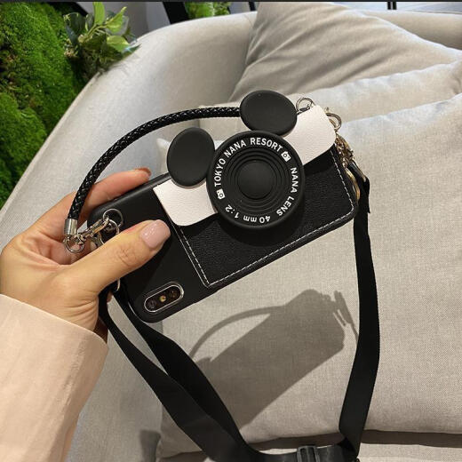鹿纯 手提包苹果15手机壳零钱包iPhone14/13pro可爱硅胶斜挎背包式挂绳78P 苹果15plus 黑色壳+米妮卡包+手提绳+斜跨