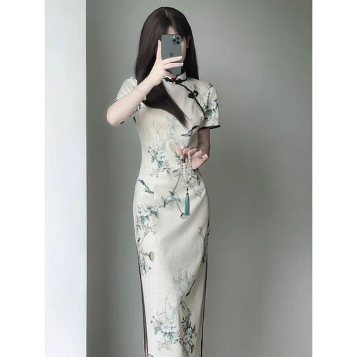 Reserved style new Chinese retro Republican style cheongsam 2025 summer new young girl slim dress for women long 719 flower branches [excluding accessories] M Recommended 85-100 Jin [Jin equals 0.5 kg]