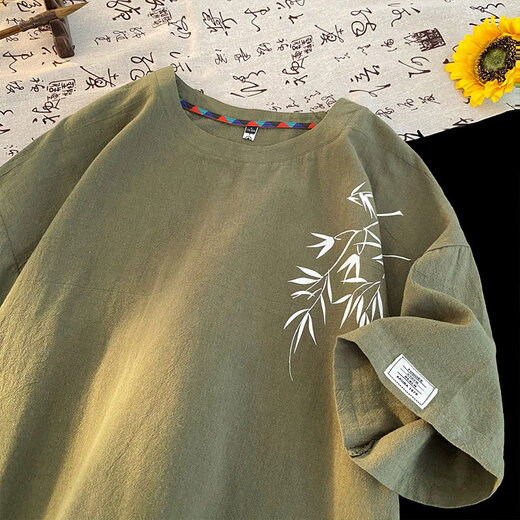ZHIWEI NEUER CHINE CHINESS-STYLE Kurzärärmig T-Shirt für Herren Sommer neue Baumwoll- und Leinen Nischenmarke Lose halbärmelige T-Shirt T3524 Aprikosenfarbe 2xl [Empfohlen 140-160jin [Jin gleich 0,5 kg]]