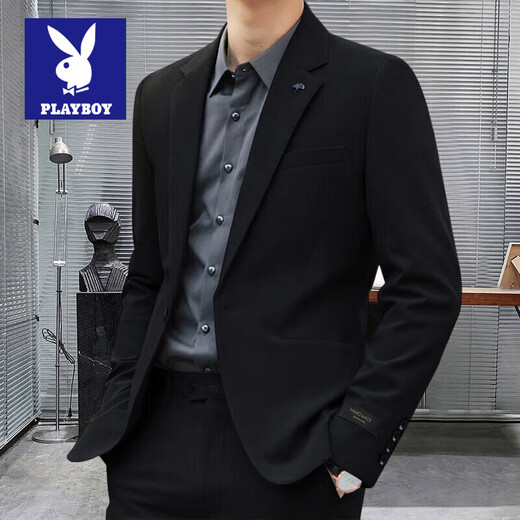 花花公子定制休闲西服套装男士正装春秋季新款商务小西装男结婚礼服 黑色西服+西裤+CS01白衬衫 L码111-120斤