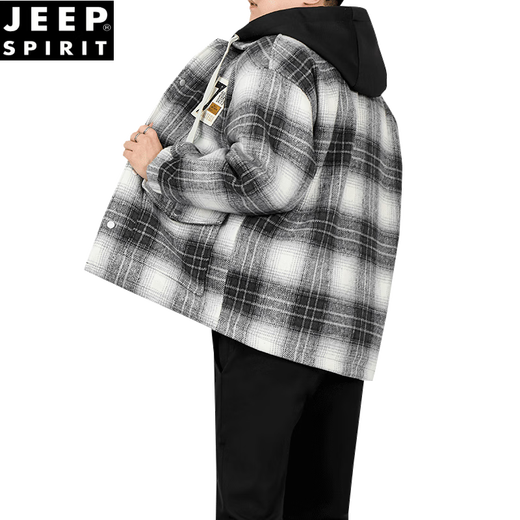 JEEP SPIRIT假两件棉衣外套男士冬装加绒加厚宽松保暖连帽男生潮牌格子棉服款 黑白格 4XL