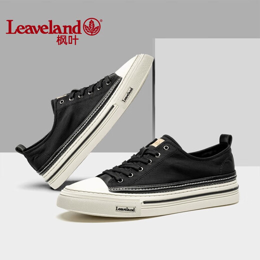 枫叶（leaveland）帆布鞋男夏季新品经典透气休闲板鞋男简约百搭软底低帮布鞋子男 黑色(皮鞋码) 41