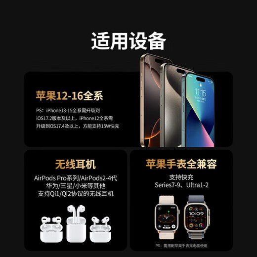 绿联Qi2认证适用苹果无线充电器MagSafe磁吸支架15W快充iPhone16/15/14ProMax苹果耳机充电板便携折叠