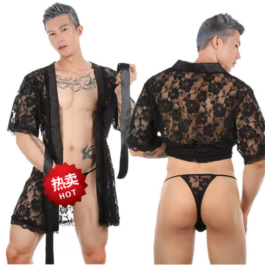 Men's Sexy Nightgown New Men's Super Sexy Lace Transparent Thong Bathrobe Homewear Suit See-through Temptation S