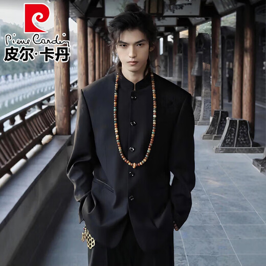 Pierre Cardin New Chinese-style Chinese tunic suit, Chinese-style stand-up collar, Chinese-style suit suit, men's wedding engagement suit, dress knitted, black, two-piece suit, top + pants 2XL