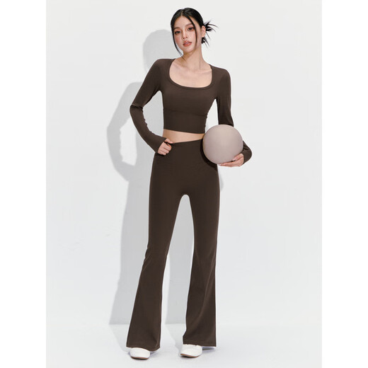 Maizun Yufu fixed chest pad yoga sports long-sleeved tops abdominal control Pilates training fitness pants suit women's autumn and winter ivory white long sleeves + ebony brown micro-flared trousers S
