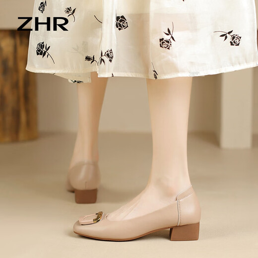 ZHR Single -Schuhe für Frauen im Sommer flacher Mundbootschuhe vielseitige dicke Ferse Loafer Schuhe für Frauen Square Zeh Retro dicke Absatz Freiländische Frauenschuhe Aprikosenfarbe 37