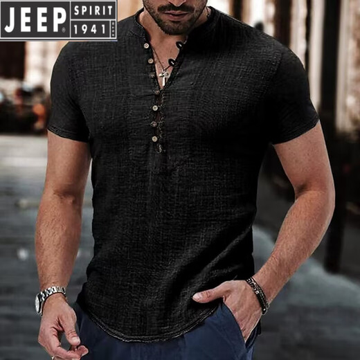 JEEP SPIRIT2025夏季男士短袖简约V领休闲亚麻t恤男潮流宽松透气棉麻打底衫潮 杏色 XL 尺码偏大
