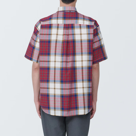 MUJI men's Madras checked button-neck short-sleeved shirt men's shirt jacket pure cotton AC1W8A4S red checked S (165/84A)