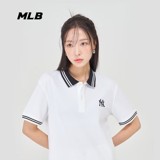 Major League Baseball (MLB) official basic short-sleeved POLO shirt, fashionable, casual, loose, contrasting lapel T-shirt for men and women 3APQB0243 New York Yankees/Ivory XS160/84A
