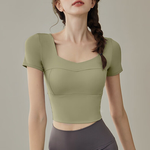 Yuebu Yoga Wear Set Women's Pilates Training Wear Quick-Drying Clothes Fitness Top Running Sports Short-Sleeved T-Shirt Summer Green S (Recommended 85-95Jin Jin equals 0.5kg)