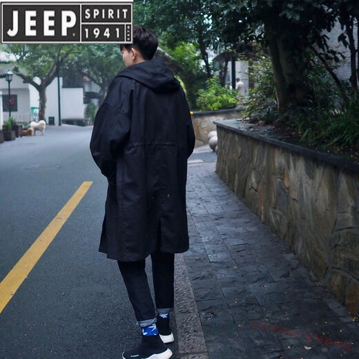 JEEP SPIRIT windbreaker jacket men's mid-length simple 2025 spring and autumn loose trend hooded handsome temperament casual coat black black cotton S suitable for weight 95-125Jin Jin is equal to 0.5 kg