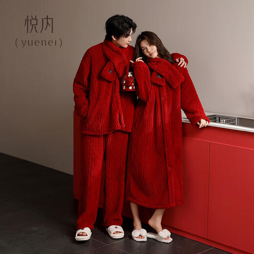 Yuenei Pajamas Wedding Newlywed Couple Set Autumn and Winter Women's Nightgown Plus Velvet Coral Velvet Home Clothes Men's Zodiac Year 34403 Retro Red With Scarf Men's L (Male 110-140 Jin Jin equals 0.5 kg / Female 110-120 Jin Jin equals 0.5 kg)