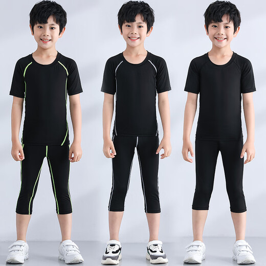 Ifubxy Kinder Kinderstrumpfhose Training für Sommerjungen und Mädchen kurzärmelig schnapptrocknen Kleidung Basketball Fußball Sport Lauffitness Set 826 Schwarze und grüne kurzärmelige 28 Größen 140 cm 60jin [Jin gleich 0,5 kg] etwa ungefähr etwa