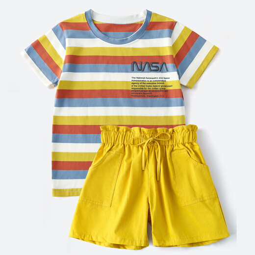 Bubble orange casual parent-child wear, family wear, short-sleeved T-shirt striped suit, mother, daughter, father and son, stylish family portrait of three or four, yellow striped suit/top + pants, baby boy size 90 (recommended height 75-85cm)