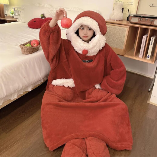 圣诞老人睡衣女圣诞老人睡衣连体冬季女珊瑚绒加厚本命年红色睡袍 4840单独睡袍 M