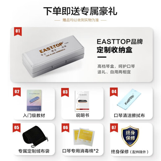 东方鼎（EAST TOP）布鲁斯口琴10孔嵌入式亮黑色盖板灰色塑盒T009 PADDY C调初学推荐