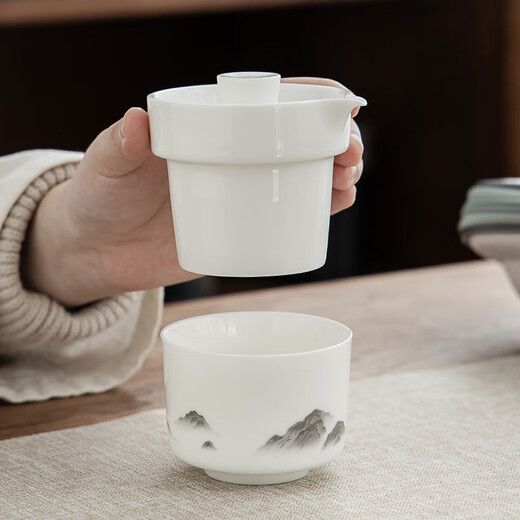 Gold inlaid jade travel tea set, portable single person kung fu set, outdoor simple tea making cup, companion