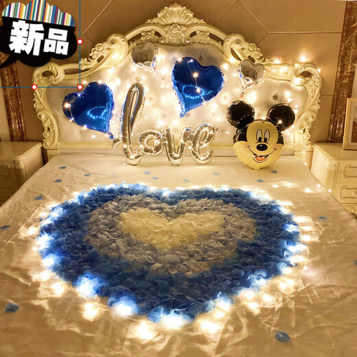 Decorate birthday scene for wife's room birthday, romantic Valentine's Day, rose petals, wedding room, confession and proposal, room bed decoration, romantic petal lantern package thirty (with 10-meter light string, pump + tape)