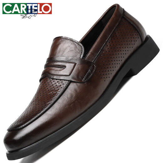 
CARTELO men's leather shoes summer breathable business casual shoes loafers one-foot hollow leather shoes men 9934 brown 38