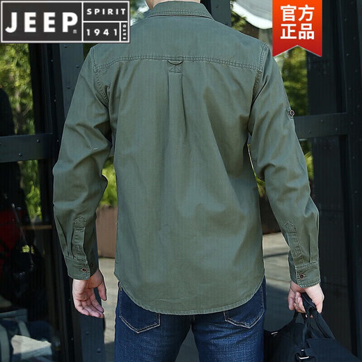 JEEP SPIRITPIRIT长袖衬衫男士春秋休闲纯棉大码宽松衬衣青年上衣薄款外套男 加绒军绿色1389 S 均码