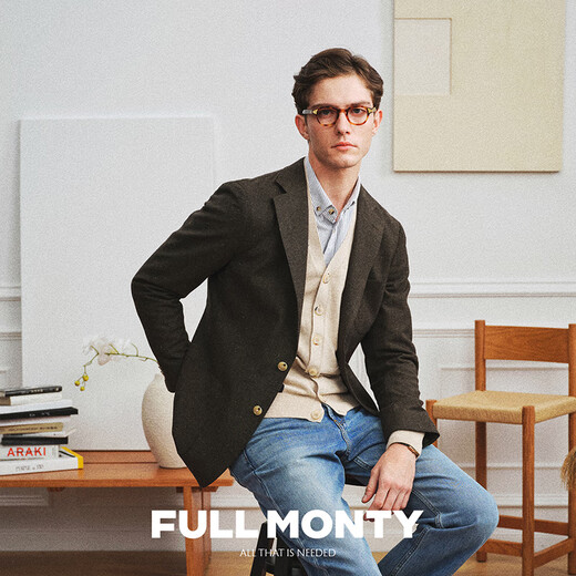 FULL MONTY男士羊毛西服外套法兰绒无结构西装上衣商务休闲单西秋冬 深褐色3452 44