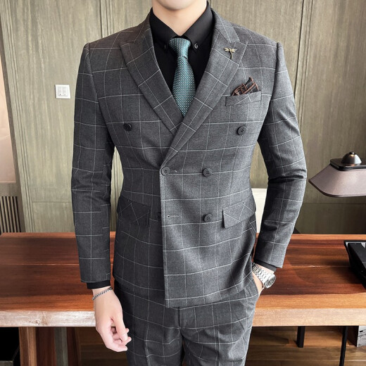 Jindan Spring and Autumn New Large Size Customized Suit Suit Men's Three-piece Slim Fit Korean Groom Wedding Dress Groomsmen's Clothes Plaid Small Suit Business Casual Formal Gray Plaid Double-breasted L Suit + Vest + Shirt + Pants