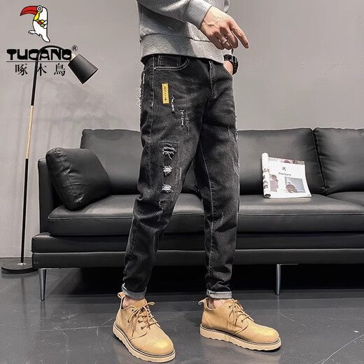 Woodpecker (Tucano) Jeans rasgados para hombres Marca de moda de primavera de primavera 2025 pantalones casuales negros Pantalones de hombres retro estadounidenses 6636 Negro + 6633 Negro 38