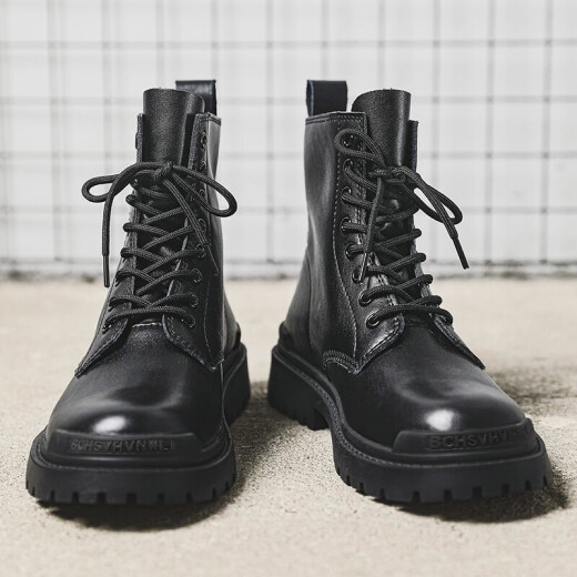 Jingmai [Cowhide] Martin Boots Zapatos de cuero alto de los hombres Ropa de trabajo de estilo mediano British Motorcycle Negro y otoño Autumable Atendy Trendy Lace-Up [Spring and Summer Style] 43 Código estándar