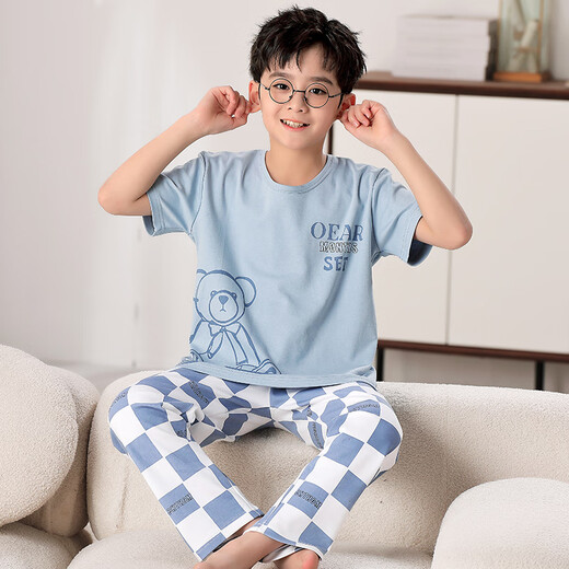 Mannido pajamas boys summer new short-sleeved trousers boys big children spring and autumn teenagers pure cotton children air-conditioned home clothing N9901 [short length] 165 L size recommended 160-165cm